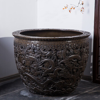 翠佳景德镇大号陶瓷鱼缸手工雕刻仿古瓷器陶瓷大缸摆件酒店摆件荷花缸