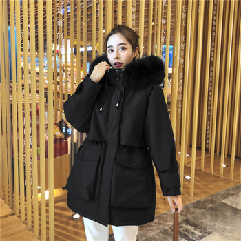 托玛菲工装派克服女冬装中长款棉衣时尚简约连帽大毛领韩版宽松显瘦