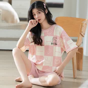萌姿雪mengzixue日系夏季可爱格子纯棉睡衣女夏短袖短裤休闲可外穿