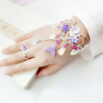 珀芙诺古风手链戒指一体汉服手镯流苏铃铛仙女人鱼姬宫廷手饰中国风