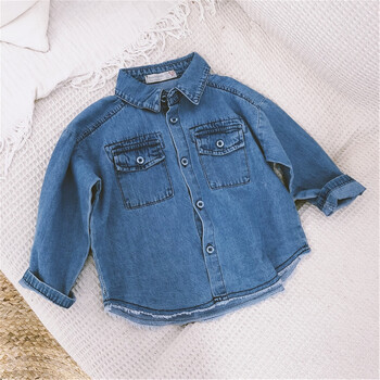 小孩子的衣服男女宝宝中小童儿童补丁毛边软牛仔翻领衬衫打底衫外套