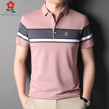 梦特娇男士短袖t恤夏季潮流中青年翻领拼色上衣男t恤衫粉红色190建议