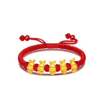 iocn老凤凰999足金黄金五福兔转运珠3d硬金本命年编绳女手链情侣礼品