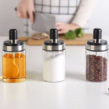 厨房用品带勺子调料罐 透明带盖玻璃盐罐胡椒粉佐料调味瓶调料器皿