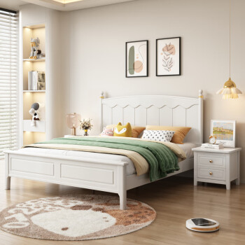 简蕴奶油风白色双人床1.5米1.8m储物高箱床 1.35米美式床1.2米实木床 实木床+1个床头柜 1.2x2米 框架结构