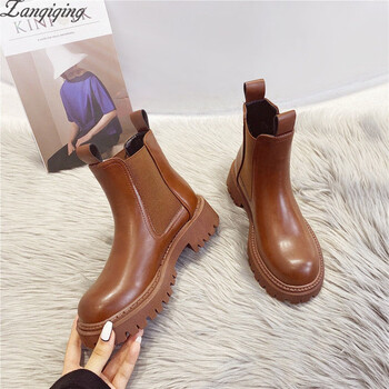 烟管靴烟囱烟桶烟筒靴女冬季加棉厚底切尔西靴女无鞋带马丁靴女2022年