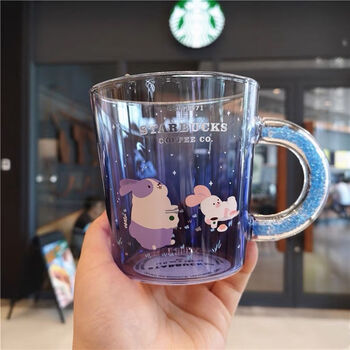 星巴克七夕男女士渐变中秋玉兔玻璃杯彩钻手把咖啡杯耐热水杯水杯月兔