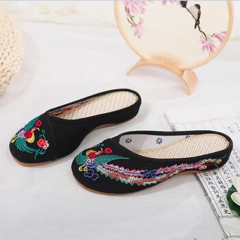 老北京布鞋女绣花凉拖鞋民族风亚麻绣花拖鞋居家布拖鞋女 凤凰 黑色