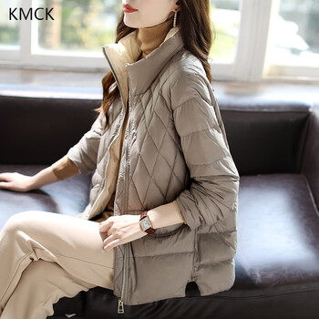 kmck香港潮牌立领格子短款白鸭绒羽绒服女轻薄秋冬外套新款保暖上衣