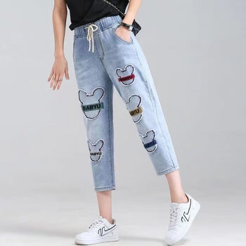 trtj7分裤女七分牛仔裤春夏薄款哈伦裤宽松刺绣矮个623米奇刺绣七分
