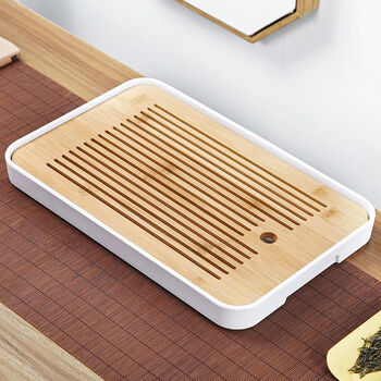 家用简约功夫茶具茶盘套装迷你储水密胺干泡小茶台竹制茶托盘白色禅语