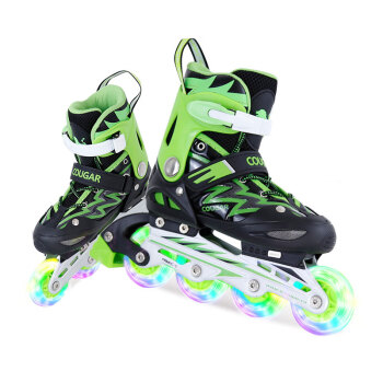 美洲狮（COUGAR）儿童可调休闲轮滑鞋刷街溜冰鞋全闪单鞋 黑绿色S码