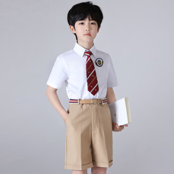 童短袖衬衫套装小学生校服幼儿园园服白光板短袖卡其短裤领带胸章110