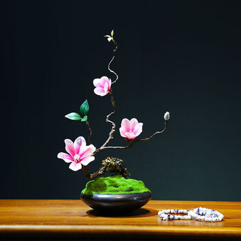 沐晴新中式仿真绿植物花艺套装客厅装饰品茶室玉兰花插花禅意盆景摆件