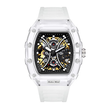 (kimsdun)新款金诗顿名表时尚酒桶形硅胶透明镂空全自动机械手表男士