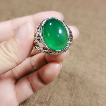 森诗妃艾朵唯绿玉髓蛋面阳绿男戒玉指环银镀镂空霸气男士戒指 气男士