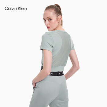 ck运动2021春夏新款女装圆领logo束腰短款后背网眼短袖针织休闲t恤4ws