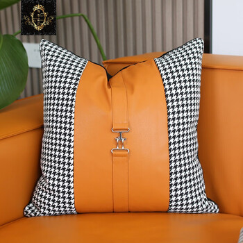 现代轻奢皮沙发抱枕高端豪华橙色皮质拼接样板间靠垫客厅正方形样板房