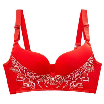 红色内衣套装结婚新娘本命年女无钢圈聚拢小胸加厚薄款文胸罩牡丹单件