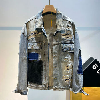窕妮男士外套春款破洞牛仔外套男宽松夹克美式复古感潮流百搭上衣做旧
