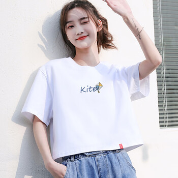 布森格拉纯棉女t桖短袖潮夏装2022年新款宽松短款t恤女半袖上衣黑白色