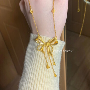 雅京18k金丝带蝴蝶结流苏项链女在逃公主5g黄金爱心锁骨链潮丝带蝴蝶