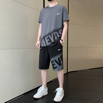 耐克顿夏季冰丝休闲运动套装男短袖t恤渐变速干短裤搭配一套帅气 0859