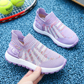 飞织运动休闲鞋中大童一脚蹬懒人鞋女童网鞋学生袜子鞋潮 暗紫罗兰 26