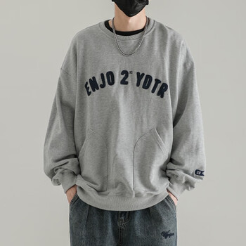 印花圆领卫衣男2022春秋季新款长袖套头宽松休闲上衣 花灰色-wy357 xl