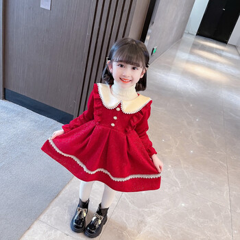 加绒珍珠娃娃领公主裙儿童红色加绒连衣裙90码建议身高8090体重2024斤