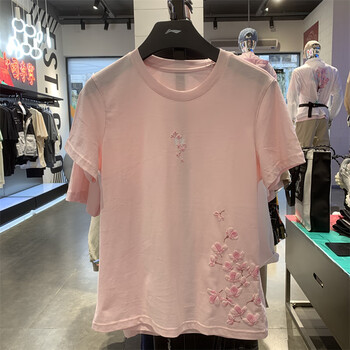 李宁lining2022樱花限定短袖t恤女2022夏季新款国潮休闲宽松半袖ahss