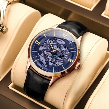 爱沃驰瑞士品牌iw手表男机械镂空爱沃驰全自动机械 玫壳蓝面玫针-皮带