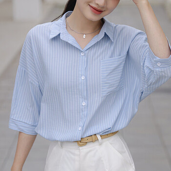 珂纷春夏款条纹短袖衬衫女宽松休闲通勤职业气质百搭衬衣sw1kcs484