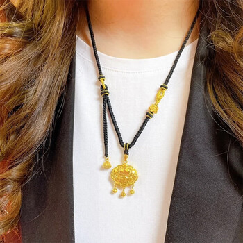 朝英黄金平安锁项链女足金莲花莲蓬如意长命锁包套链编织锁骨链送女友