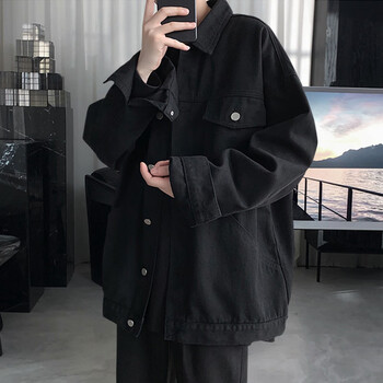 牛仔外套男春季oversize高街潮牌宽松青少年痞帅黑色m90斤至110斤可穿