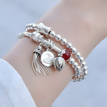 990足银手链女银珠手链莲花吊坠多圈转运珠流苏银手串网红手饰十二