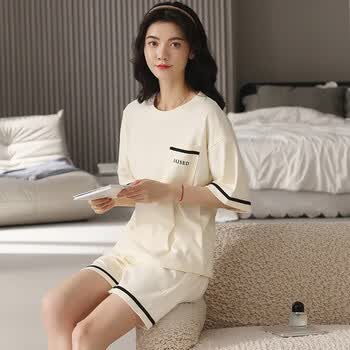睡衣女夏季纯棉短袖短裤家居服时尚翻领休闲套装可外穿加大码女士睡衣
