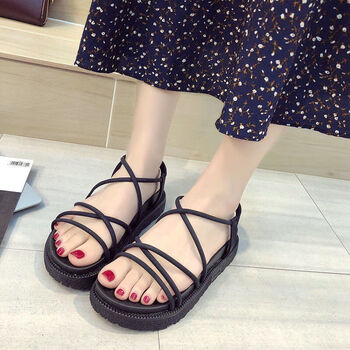 凉鞋女夏学生新款韩版原宿风平底交叉绑带厚底松糕女鞋潮黑色35