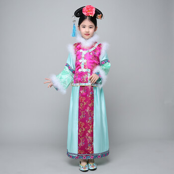 六一儿童演出服格格服装 清朝古装女童满族旗服 古代女表演服 枚红色