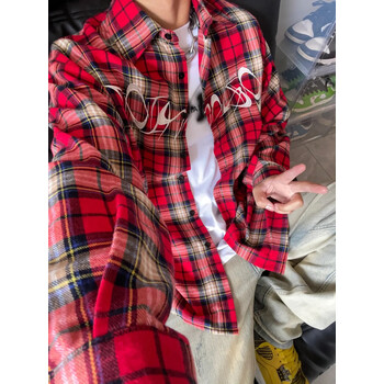zkhe美式复古高街刺绣红色格子长袖衬衫男vintage衬衣西海岸情侣外套