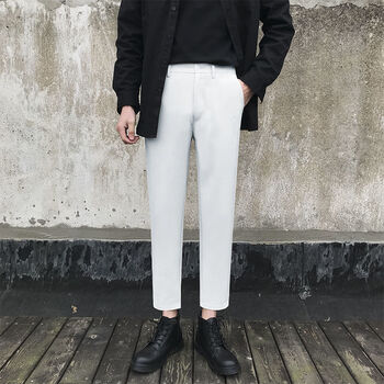 秋冬休闲西裤男直筒裤白色宽松潮流九分裤韩版男士坠垂感西装裤子01