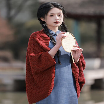 夏秋新款蕾丝长袖倒大袖披肩旗袍开衫连衣裙改良民国贝壳斗篷红色均码