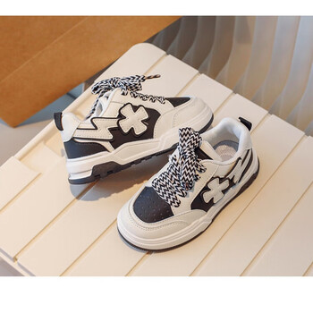 gduckkids莆田童鞋秋季新款皮面防水拼色男女童板鞋休闲运动鞋黑色28