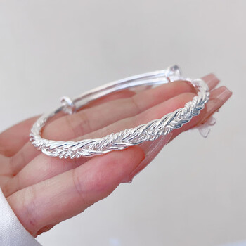 晴夫人凤尾青丝银手镯女生999足银实心推拉小众复古民族风编织足银