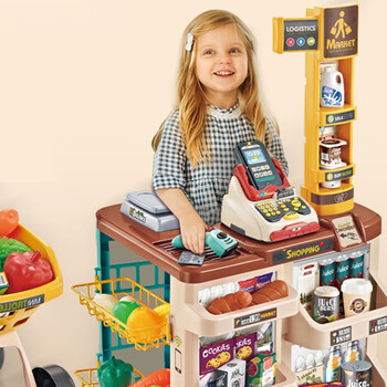 昂沐儿童过家家仿真超市收银台购物车玩具套装可刷卡女孩礼物ll7蓝粉