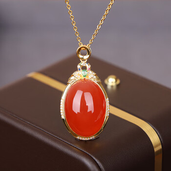 南红吊坠女18k金冰红大蛋面红宝石项链满色满肉 18k金南红吊坠 链子