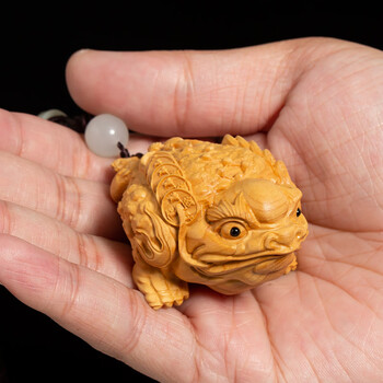 黄杨木雕实木把玩文玩手把件雕刻工艺品精品三足金蟾摆件三足金蟾带黑