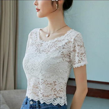 夏天女装短袖夏天雷丝内搭短款紧身上衣夏季半截打底衫女薄款性感蕾丝