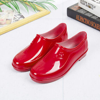 春秋元宝短筒雨鞋女士厨房雨靴保暖平底滑水鞋女耐磨低帮水靴女 红色