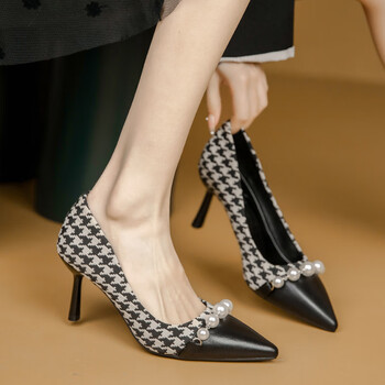 arshfe高跟鞋女细跟法式名媛7公分小跟浅口尖头小众设计千鸟格珍珠单
